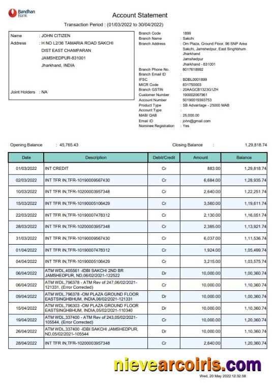India Bandhan bank statement